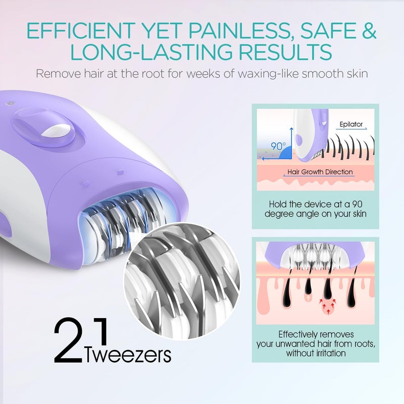 VOGOE Epilator for Women-Cordless Epilators Hair Removal for Women, 4-in-1 Electric Razor Hair Remover, 2 Speeds & 21 Tweezers for Face Legs Arms Armpit Bikini, Purple HR310 - Image 3